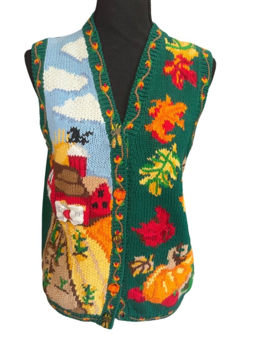 Eagles Eye Fall Harvest Hand Knit Sweater Vest S Colorful Autumn Leaves Novelty